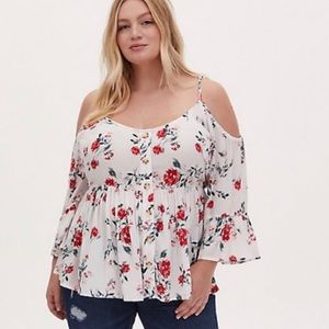 Torrid size 3 cold shoulder white floral button-down bell shaped sleeves